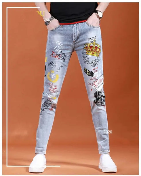 Slim Fit Korean Streetwear Graphical Printed Luxury Hip-Hop Stretch Denim Jeans for Men - Perfect Medium Wash Jeans Outfit